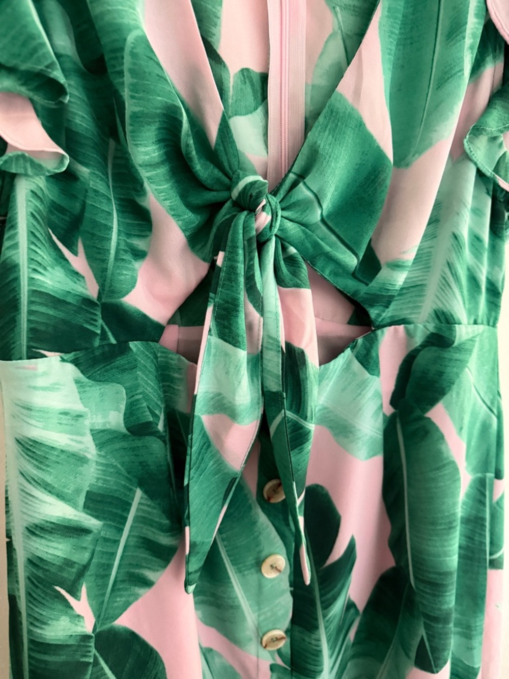 Buddy Love Pink & Green Tropical Leaf Tie Front Mini Dress - Picture 3 of 6